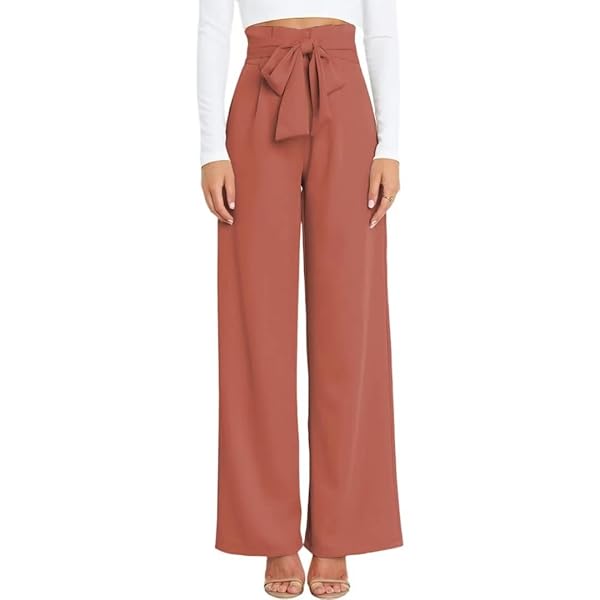 YAZINIE WOMENS HIGH WAIST WIDE LEG PANTS ELASTIC WAISTBAND BELLY CONTROL OFFICE PANTS WITH POCKETS FOR WORK CASUAL RUST RED