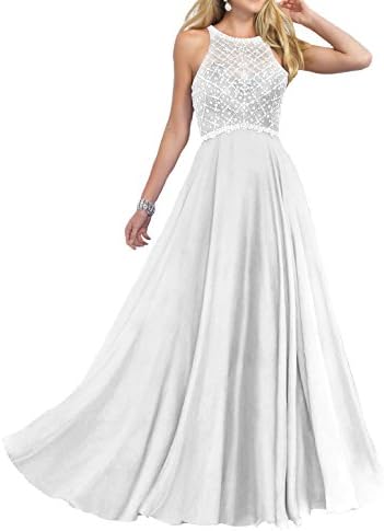 Firose Women's Long Prom Dresses 2019 Scoop Neckline Beaded A Line Formal Dress