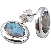 SilverStarJewel Solid Sterling Silver Natural 6 x 8 mm Labradorite Earrings 1 cm Bijoux Cyber Sales Stores