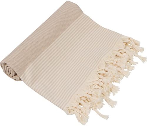 ATS STORE 2 COLOR JACQUARD STRIPED TURKISH TOWEL aka FOUTA %100 PREMIUM COTTON FAST DRYING MULTI PURPOSE BLANKET BEACH TOWEL (39” X 70”) (BEIGE)
