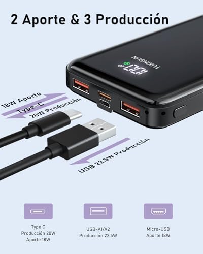 Power Bank 22.5W 20000mAh Fast Charge Bateria Externa, PD3.0 QC4.0 Bateria Portátil, USB C Entrada & Saída Powerbank com Tela LCD Compatível com Smartphones, smartwatches, etc — foto 3 de 6