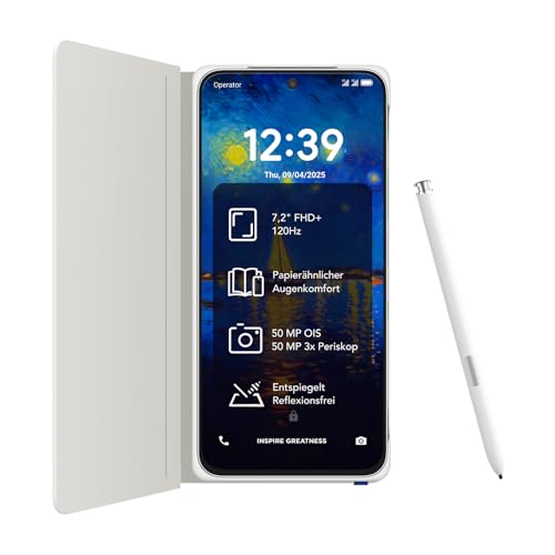 TCL NXTPAPER 60 Ultra 5G Android-Smartphone,7,2 Zoll FHD+ 120 Hz NXTPAPER Display,12 GB RAM + 512 GB ROM,Smartphone mit Augenschutz,5200-mAh-Akku,Lunar White, mit Klappdeckel und Stift