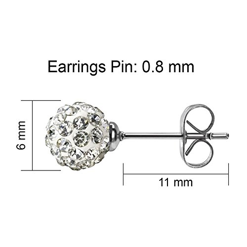 Value Pack, Bling Bling Rhinestones Crystal Fireball Disco Ball Ball Stud Earrings, Stainless Steel, Hypoallergenic (Set A. 6mm x 8 Pairs (All Colors))