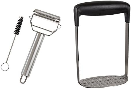 Kitchen Winners Easy Grip Potato Masher and Ultra Sharp Stainless Steel Dual Julienne &amp; Vegetable Peeler with Cleaning Brush