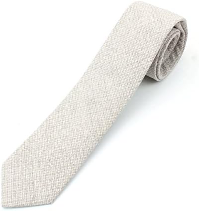 Men's Linen Skinny Necktie Tie Light White Cross Stich Grid Pattern Distressed Style - Grey/Brown