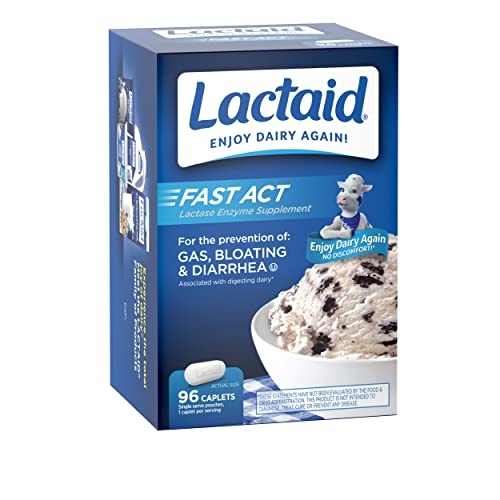 LACTAID FAST ACT LACTOSE INTOLERANCE CAPLETS WITH LACTASE ENZYME, DAIRY RELIEF FROM GAS, BLOATING & DIARRHEA, 9000 FCC LACTOSE INTOLERANCE PILLS, 96 INDIVIDUAL TRAVEL ON-THE-GO PACKS (96 X 1 CT)