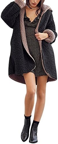 Women Casual Winter Hooded Cardigan Coat Warm Faux Fur Reversible Outwear with Pockets