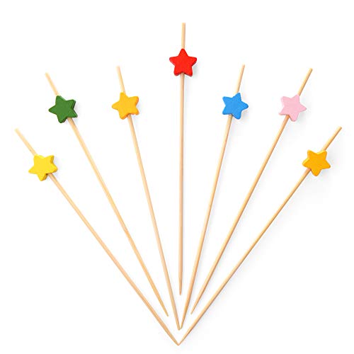 Bamboo Cocktail Picks 4.7 Inch, Handmade Party Toothpicks - Decorative Skewers for Appetizer, Drink, Fruit, Sandwich of Food Drinks DÃ©cor Disposable (Color Stars Shape, 100 Counts)