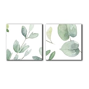 2 Panel Square Canvas Wall Art - Watercolor Style Green Leaves - Giclee Print Gallery Wrap Modern Home Art Ready to Hang - 12"x12" x 2 Panels