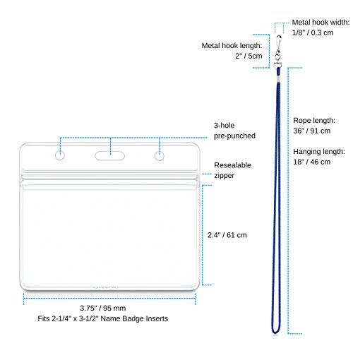 MIFFLIN Lanyard with Horizontal ID Holder (Royal Blue, 2.25x3.5", 100 Pack) Includes Paper Inserts
