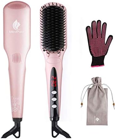 MiroPure Double Negative Air Ion Straightening Brush Iron with Temperature Lock Function Anti-Static Speedy Fatigue Release Burn-Prevention with Heat-Resistant Gloves, safety pink