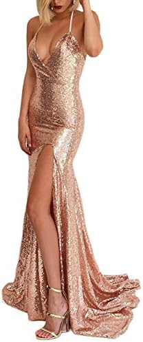 LeoGirl Womens Halter Slit Sequin Long Mermaid Prom Dresses Sexy Deep V-Neck Evening Gown (2, Rose Gold)