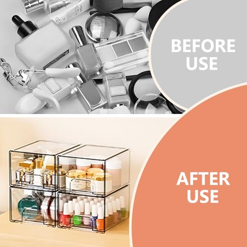 Clear Storage Organizer Drawers, Stackable Acrylic Cabinet Box with Anti-slip Pads, Small Plastic Drawer Organiser Bin for Kitchen, Bathroom, Makeup, Fridge, تخزين منظمات ادراج منظم, (4 PACK)