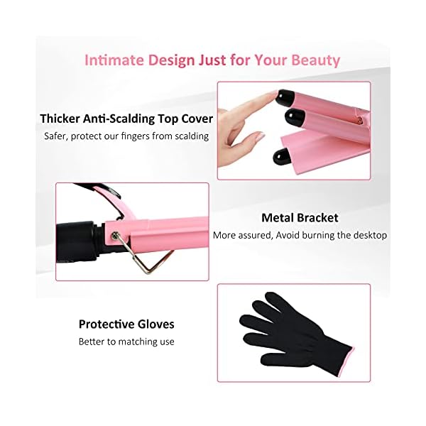 Hair-WaverHair-crimpersTongs-with-Heat-Resistant-Glove3-Barrels-Hair-Curling-26mm-Iron-Wand-for-Long-Hair-Hot-Pressing-Styling-Tool-for-Woman-Crimp-Hair-with-2-Temperature-Mode-Control-Pink Hair Waver,Hair crimpers/Tongs with Heat-Resistant Glove,3 Barrels Hair Curling 26mm Iron Wand for Long Hair, Hot…