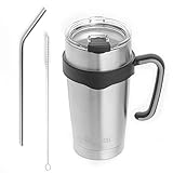 Travel Coffee Cup - Onebttl Woda 20 oz Insulated Tumbler, Stainless Steel Double Wall Vacuum Travel Mug + Easy-to-Grip Handle + Flip Top Spill proof Lid + Straw