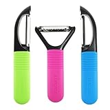 LEMCASE Fruit & Vegetable Peeler Set (3-Piece, Serrated, Straight, Julienne) - Stainless Steel Blade and Colorful Ergonomic Silicone Handle