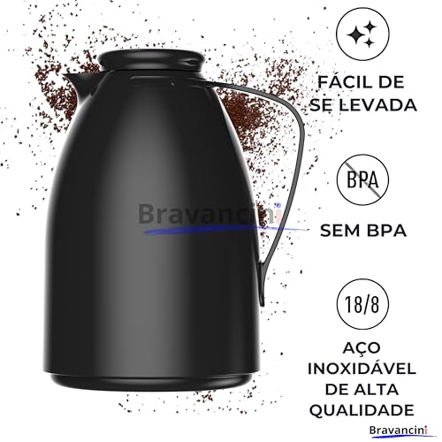 Garrafa Térmica Bule Preto 1 Litro Ampola de Vidro Conserva Café Quente 12h Bebidas Frias 24h Infusor Chá Ideal Casa Escritório Presentes Bule Termico