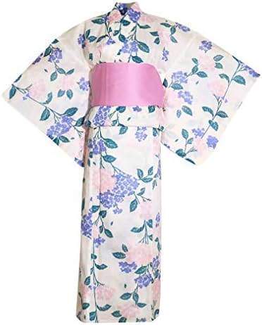 myKimono Women's Traditional Japanese Kimono Robe Yukata with OBI Belt & Koshi-himo Thin Belt 592 (White)
