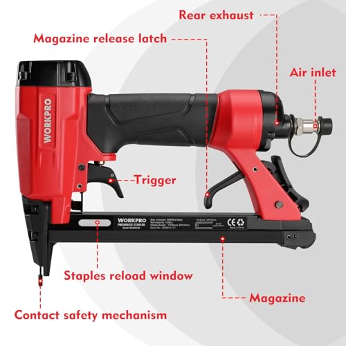 WORKPRO - Pneumatic stapler with 1500 staples, pneumatic nailing gun, used on staples type 80/6-16mm, ideal for DIY, decoration, wall, tapestry, wood
