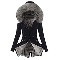 Ellymi Ladies Faux Fur Lining Coat Womens Winter Warm Thick Long Jacket Hooded Overcoat Fashion Trench Coat Jacket Black