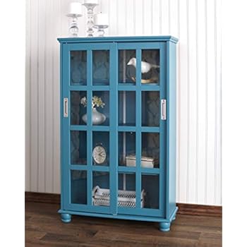 The Lakeside Collection Sliding Door Media Cabinet - Bookcase for Living Rooms, Entryways - Ocean Blue