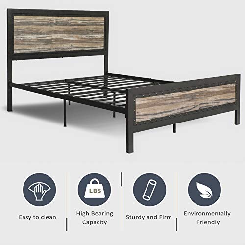 Amooly Full Metal Bed Frame with Wood Headboard Platform Bed Frame/Strong Slat Support/Easy Assembly/Box Spring Optional(Full)