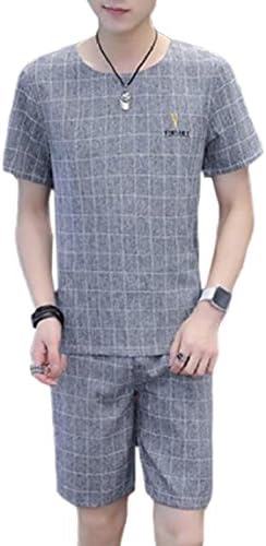 RRINSINS Men's Summer Short Sleeve Scoop Neck Top Shorts Two-Piece Sweatsuit Light Grey L