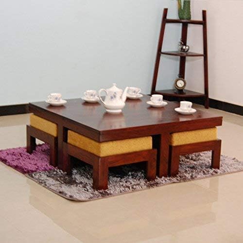RSFURNITURE RS Furniture Sheesham Wood Center Table with 4 Stools for Living Room Bedroom | Cocktail Table | Wooden Tea Tables | Furniture for (Natural Dark Finish)