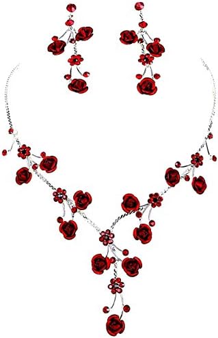 Faceted Metal Rose & Crystal Rhinestone Necklace & Earring set for Bridal, prom (Red)
