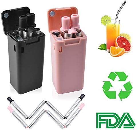 2 Pack Collapsible Reusable Straw Stainless Steel Folding Drinking Straws Food Grade Portable Straw with Cleaning Brush & Hard Protect Case for Outdoor Travel Household Party (Black&Pink)