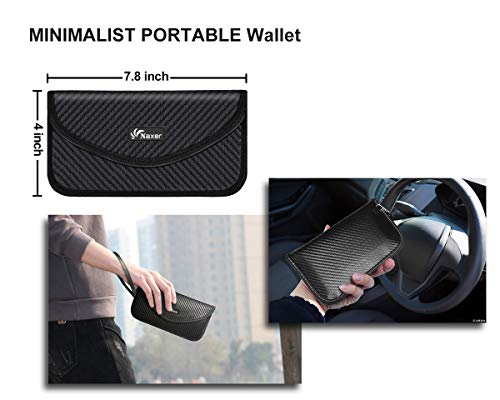 NAXER RFID Wallet Faraday Bag Cage EMF Protection Cell Phone Pouch Car Key Fob Protector Credit Card Holder Carbon Fiber Wallet Case for Phones Passport Security with 2 RFID Blocking Sleeves