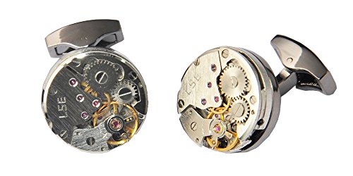 D&L Menswear Mechanical Gear Watch Movement Round Cufflinks With Black Gift Box