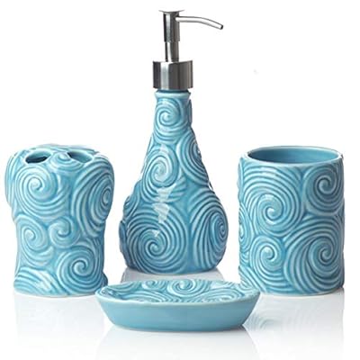 Designer - 4 Piece Bathroom Accessories Set - with Soap or Lotion Dispenser, Toothbrush Holder, Tumbler and Soap Dish… 41EonUamFVL. SS400