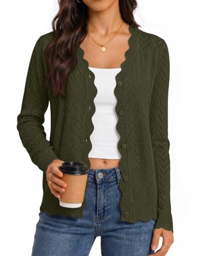 MEROKEETY Women's Fall Long Sleeve Button Front Cardigan Sweater, Army, L at Amazon