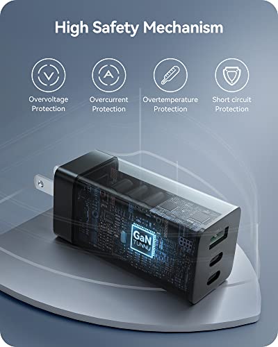 USB C Fast Wall Charger: TUNNU 3-Port 65W GaN Charging Block Power Adapter - Foldable Plug - for MacBook Pro/Air iPad Pro Galaxy S20/S10 Dell XPS 13, Note 20/10+ iPhone 13/Pro Pixel and More