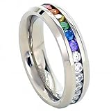 Rainbow Super Full String Clear & Rainbow Ring. Gay & Lesbian Pride Stainless Steel Ring (Great as Gay Gift or Wedding Marriage or Engagement band w/ CZ Stones)