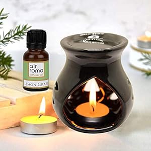 AirRoma Ceramic Aroma Black Diffuser Burner with 10ml Lemon Grass Oil & 2 Pcs Candles