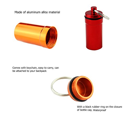 Set of 6 Waterproof Aluminum Metal Pill Box Case Organizer with Keychain - Outdoor Medicine Bottle Key Ring Small First Aid Drug Holder Pill Container - Thumbnail 3