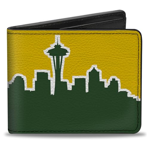 Buckle-Down Men's Wallet, Bifold, Seattle Skyline Yellow Emerald Green, Vegan L…