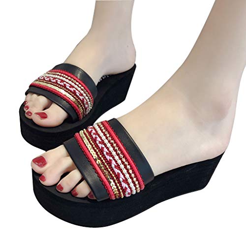 Respctfulâœ¿Women's Casual Flat Slides Boho Pattern Glitter Slip On Footbed Platform Sandals Red