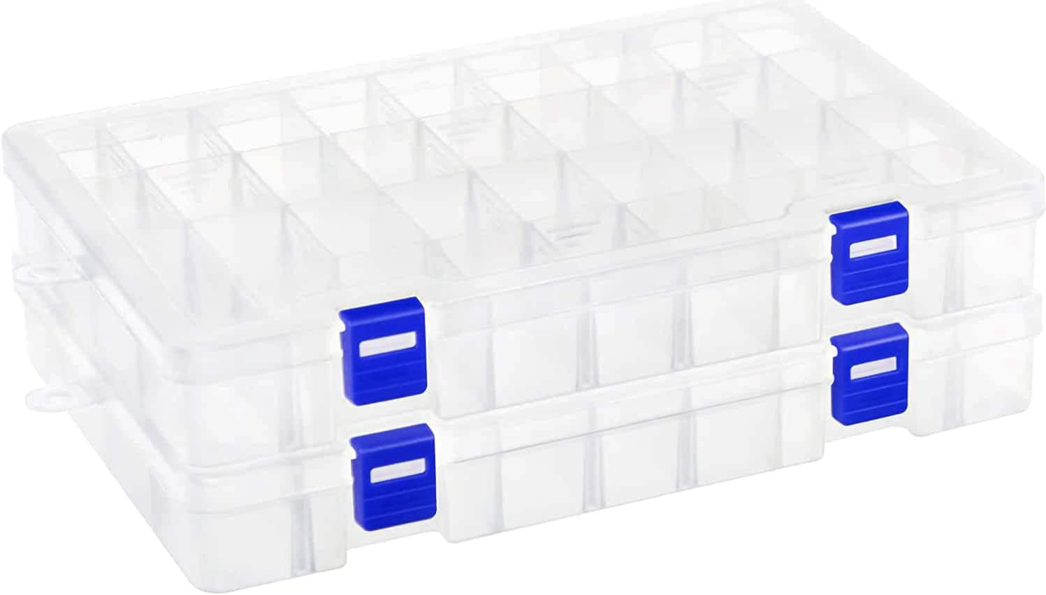 Qualsen Storage Box with Compartments, 34 Grids Plastic Organiser Box with Lids,Bead Organizer Boxes with Adjustable Divider Craft Storage Box for Jewelry Beads Small Accessories(White,2Pcs)