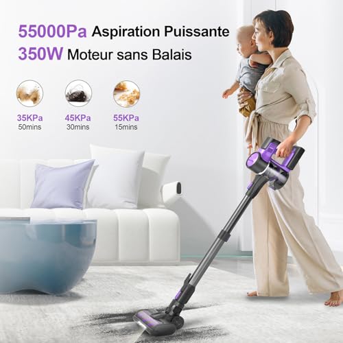 Yassol Aspirateur sans Fil, Aspirateur Balai sans Fil Puissant 55000Pa Pliable, 55Min Autonomie, Aspirateur sans Sac Léger Anti-Emmêlement pour Sol Dur Tapis Poils d'animaux Voiture(Violet)