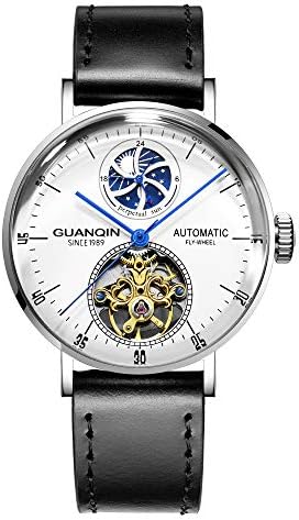 GuanqinMen Analogue Automatic Self Winding Mechanical Skeleton Wrist Watch with Leather Band and Moon Phase