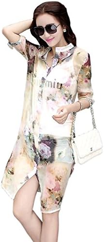 Tirahse Women Lapel Collar Floral Print Summer Chiffon Shirt Light Yellow