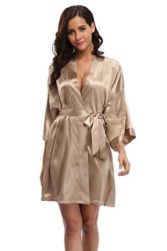 Women's Satin Rhinestone Short Wedding Kimono Robe for Bridesmaid, Champagne XS