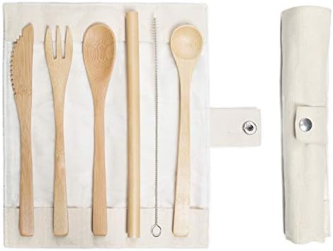 Organic Reusable Bamboo Utensils With Straw | Bamboo Travel Cutlery Set | Eco Friendly | Biodegradable | Flatware Set With Cotton Pouch For Camping, Travel, Picnic, Office, Hiking, Party, School Lunch