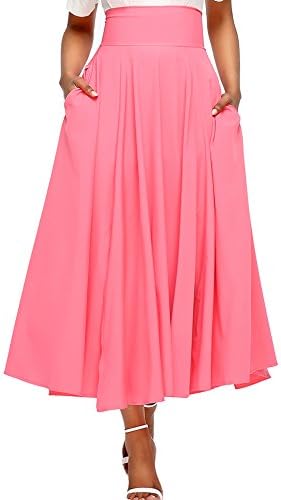 Diukia Women High Waist Casual A-Line Pleated Belted Long Maxi Skirt with Pocket Large Pink