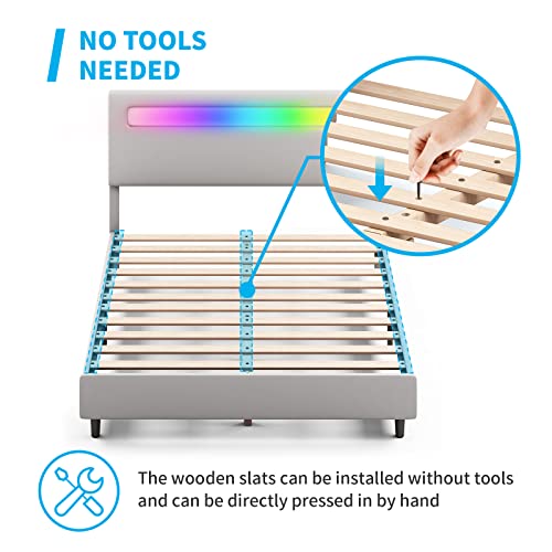 Mjkone Platform Bed Frame with Smart RGB LED Light Bar, King Size Bed