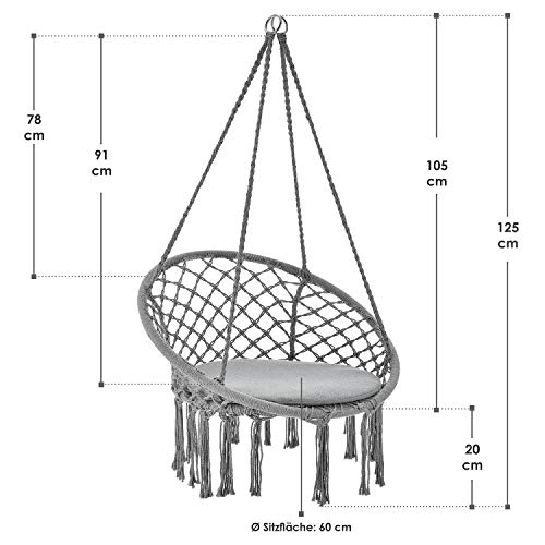 Juskys Hängesessel Cadras 60 cm breites Kissen— Indoor Hängekorb 120 kg Belastbarkeit für Kinder & Erwachsene — Einfache… – Bild 3
