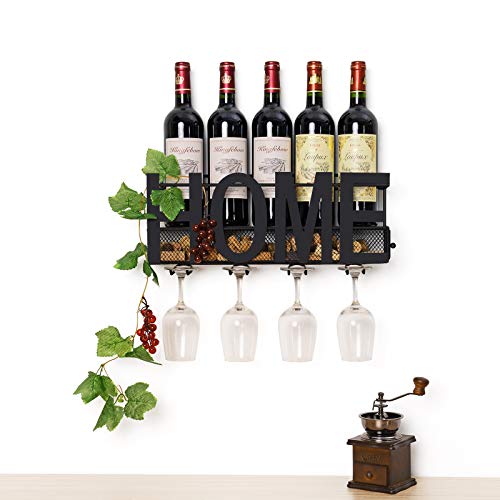 SODUKU Wall Mounted Metal Wine Rack 4 Long Stem Glass Holder & Wine